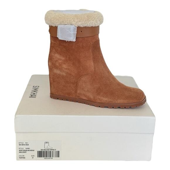 Jonathan Simkhai Toffee Suede Avery Faux Shearling‎ Wedge Ankle Boots Size 7 - Picture 3 of 9